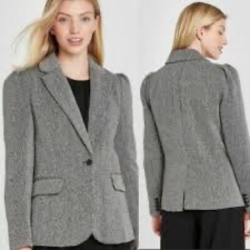A New Day Womens Black White Puffy Sleeve Single Button Blazer Jacket Size 6